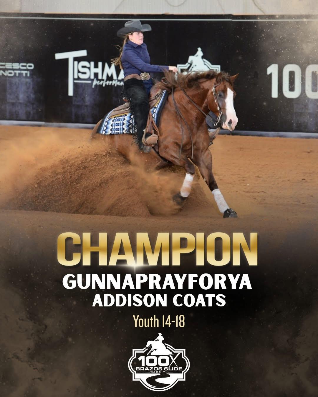 Champion graphic for Addison Coats and Gunnaprayforya, Youth 14–18 at the 2025 100X Brazos Slide