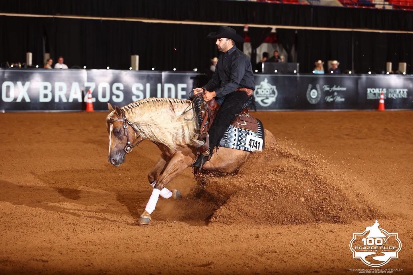 Palomino horse and rider performing a sliding stop in an arena